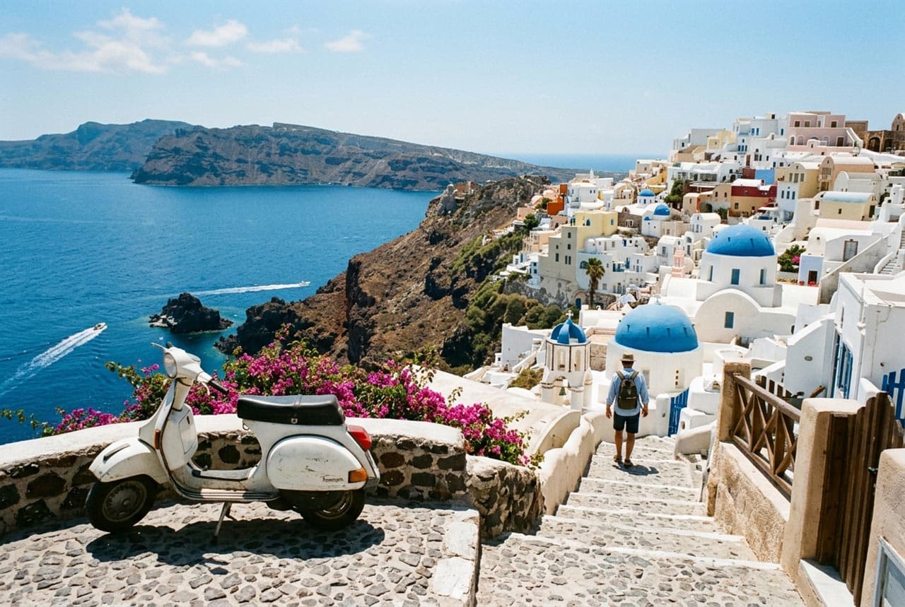 Scooter parked on a coastal road facing the Santorini caldera at sunset