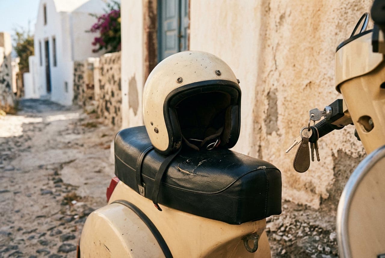 Two-wheeler parked by a road overlooking a white village in Santorini