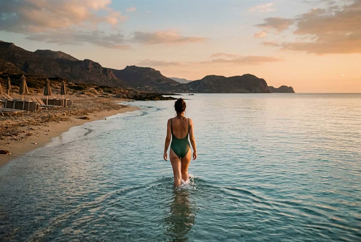 A late swim in translucent water under the amber light of the Cretan shoulder season