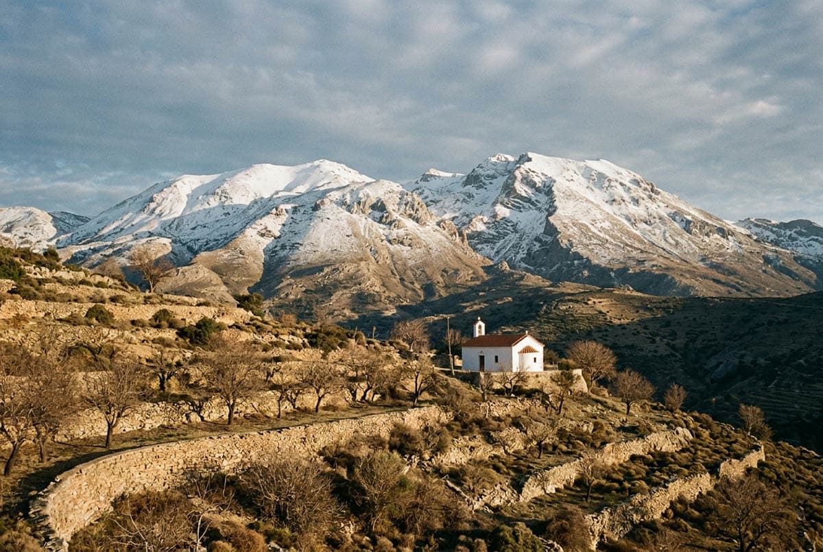 Snow-capped peaks of the Psiloritis massif overlooking the Cretan interior in winter