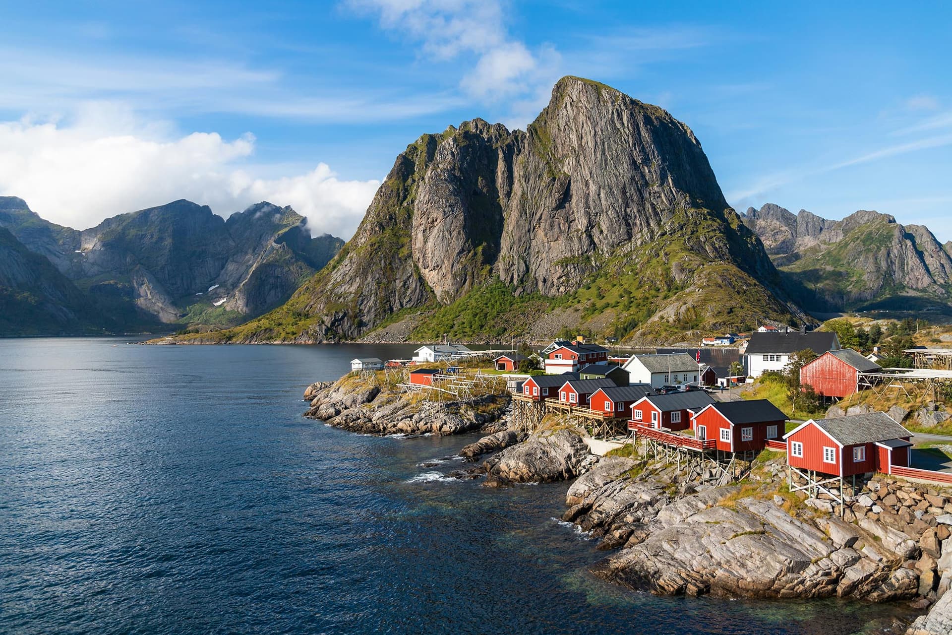 Aerial view of the bridge leading to the fishing village of Hamnøy in the Lofoten Islands