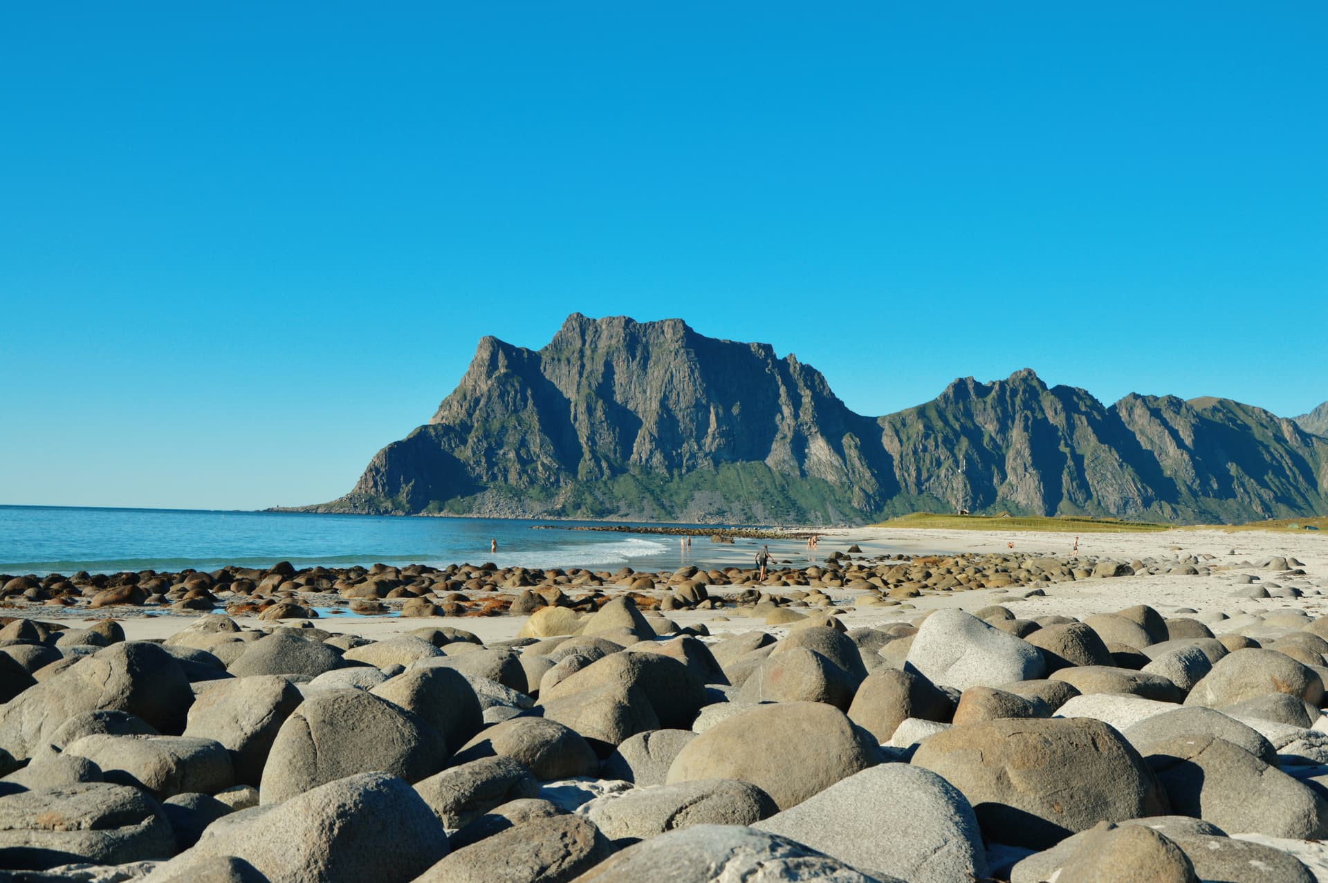 Uttakleiv Beach in Lofoten at sunset with its tall grasses and rocks