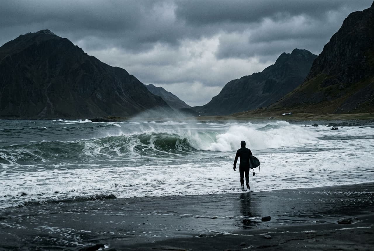 A wave on Unstad beach, an Arctic surf spot in the Lofoten Islands