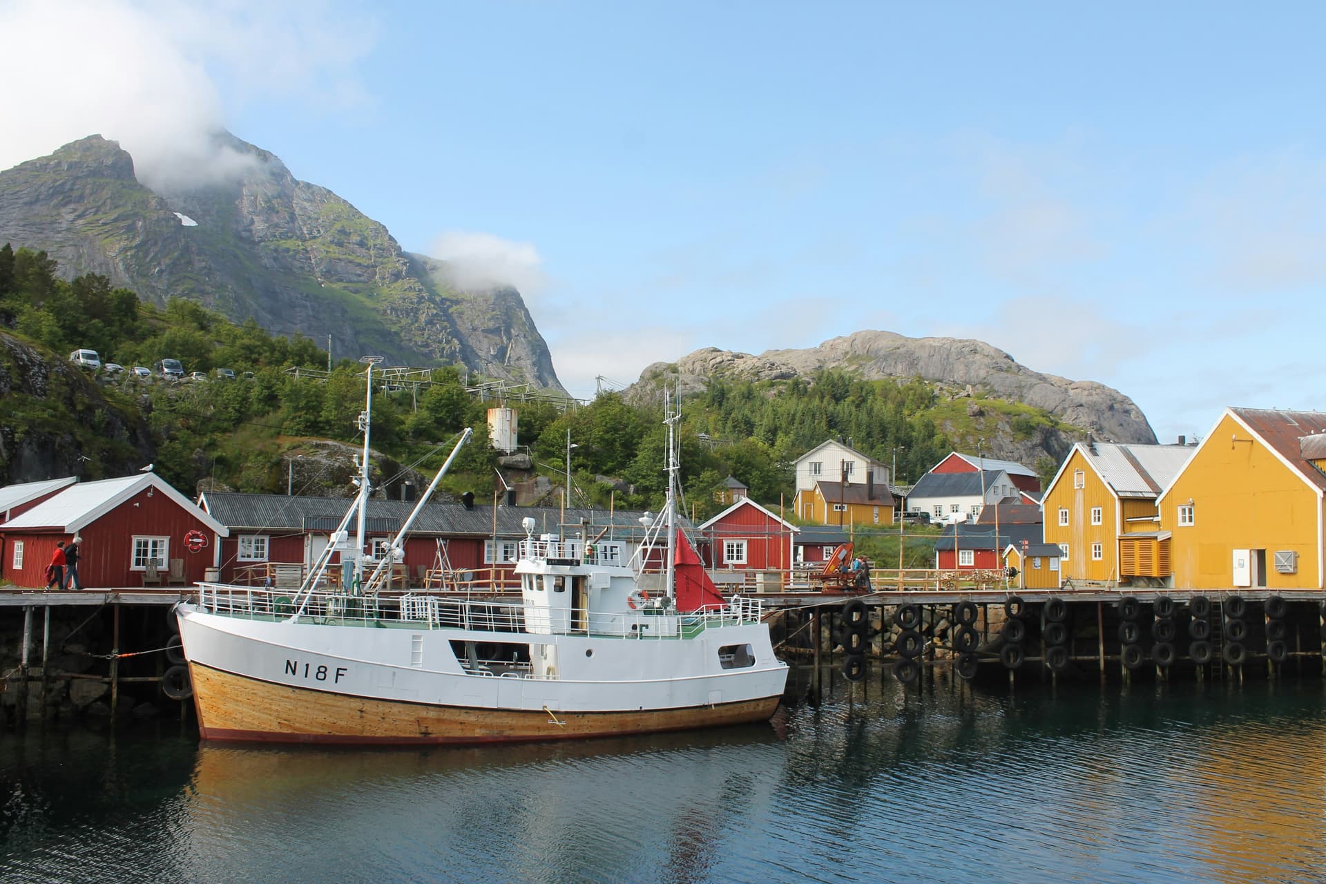 The historic fishing village of Nusfjord in Lofoten with its red rorbuer