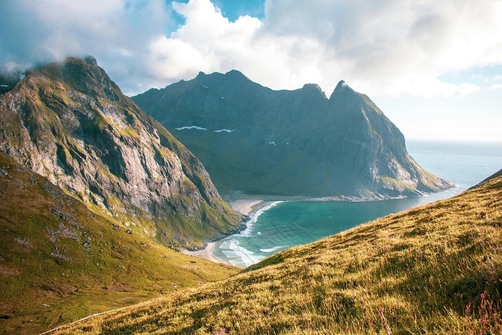 View of Kvalvika beach from the summit of Mount Ryten in Lofoten