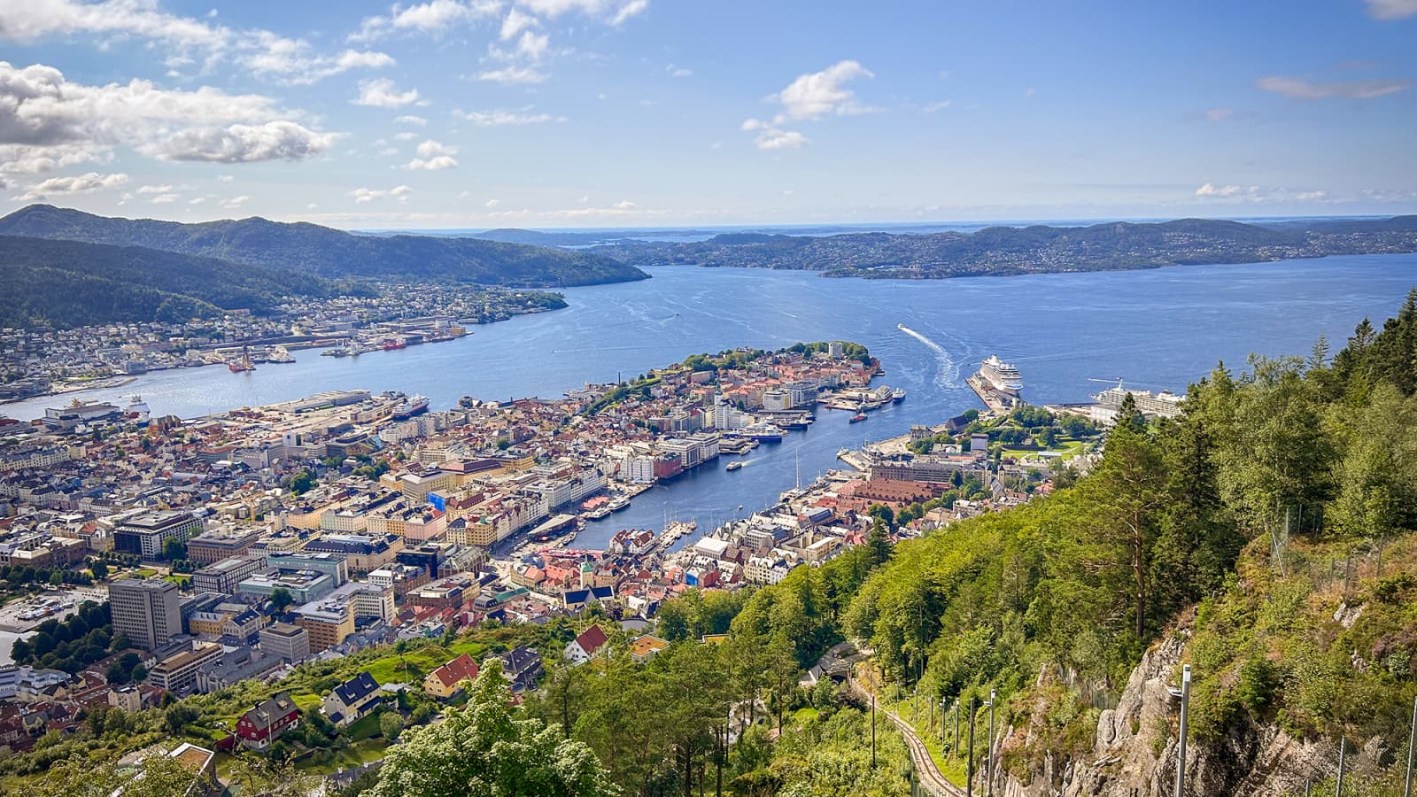 View of Bergen and its fjord from the top of Fløyen at sunset
