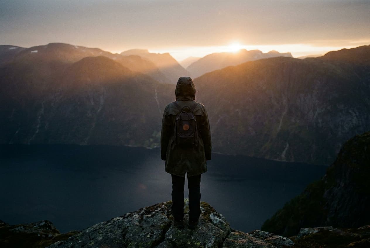 Fjord norvégien au soleil de minuit vue depuis un point de vue en hauteur