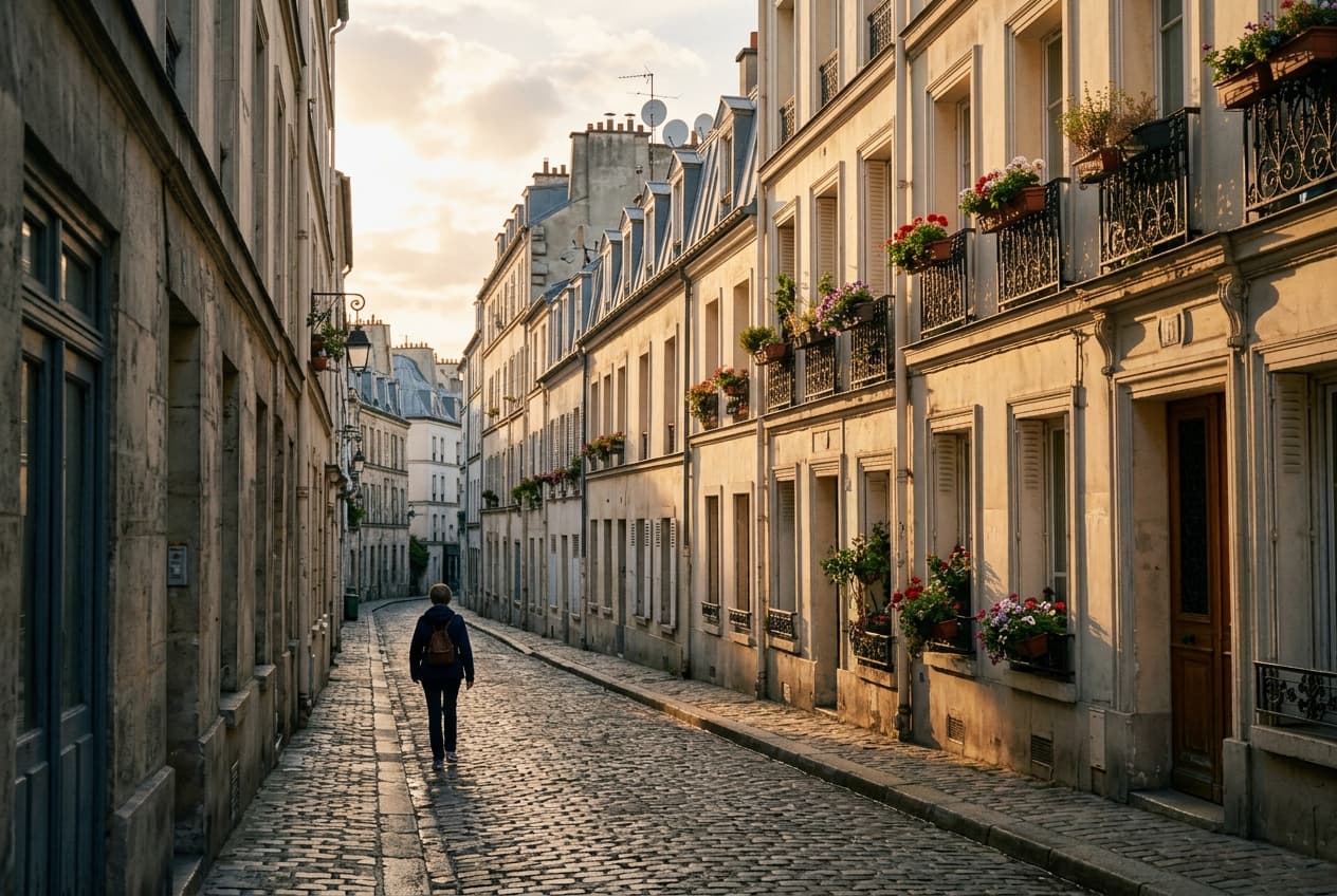 Ruelle parisienne pavée en fin de journée, lumière rasante sur les façades
