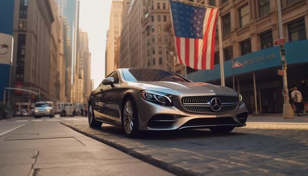 Une mercedes dans les rues de New York avec un drapeau des USA en arrière-plan.