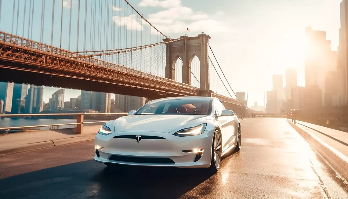 Voiture Tesla de location à New York roulant sur le Brooklyn Bridge