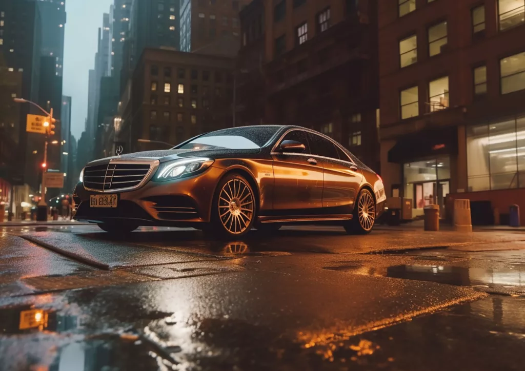 Une Mercedes classe S dans les rues de Wall Street sur Manhattan à New York