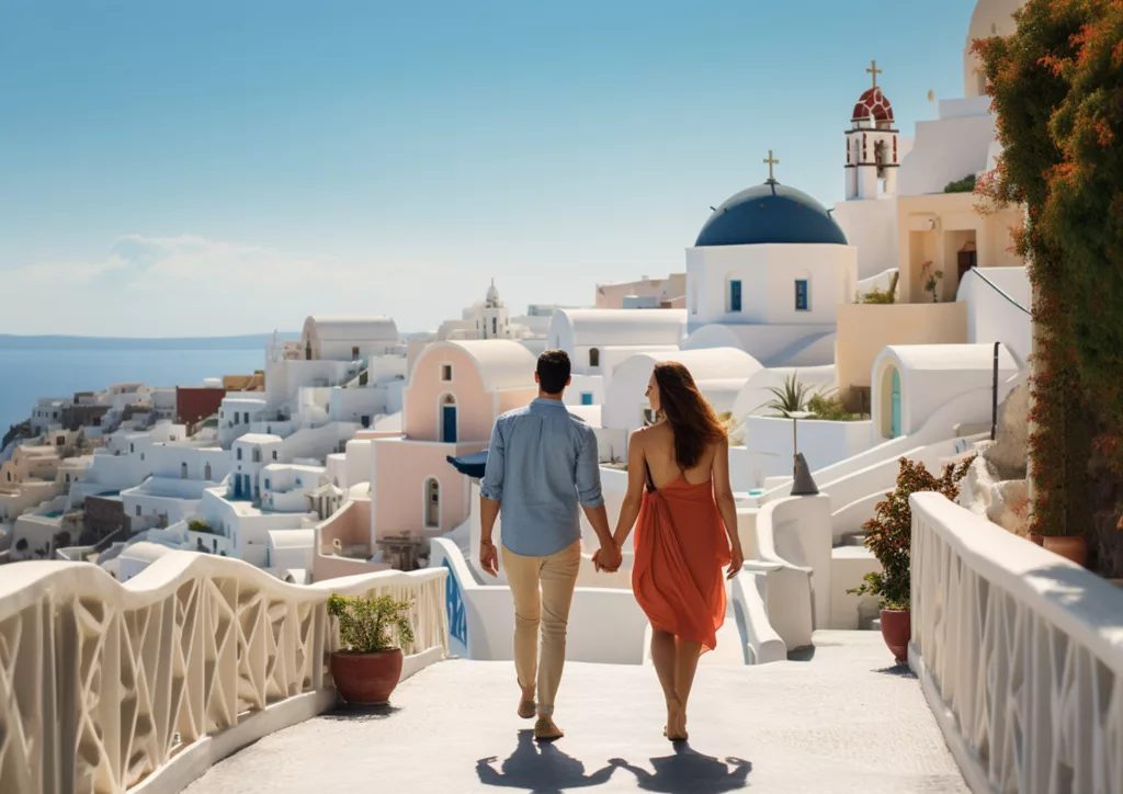 Se ballader dans les rues d'Oia à Santorin en couple